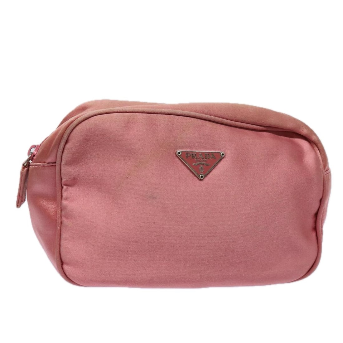 Prada Pink Nylon Pouch Italy: Prada Pink Nylon Pouch Italy This PRADA pouch is crafted from pink nylon and is designed for women. Made in Italy, the pouch features a compact size with approximate dimensions of 16 cm in width, 10 c