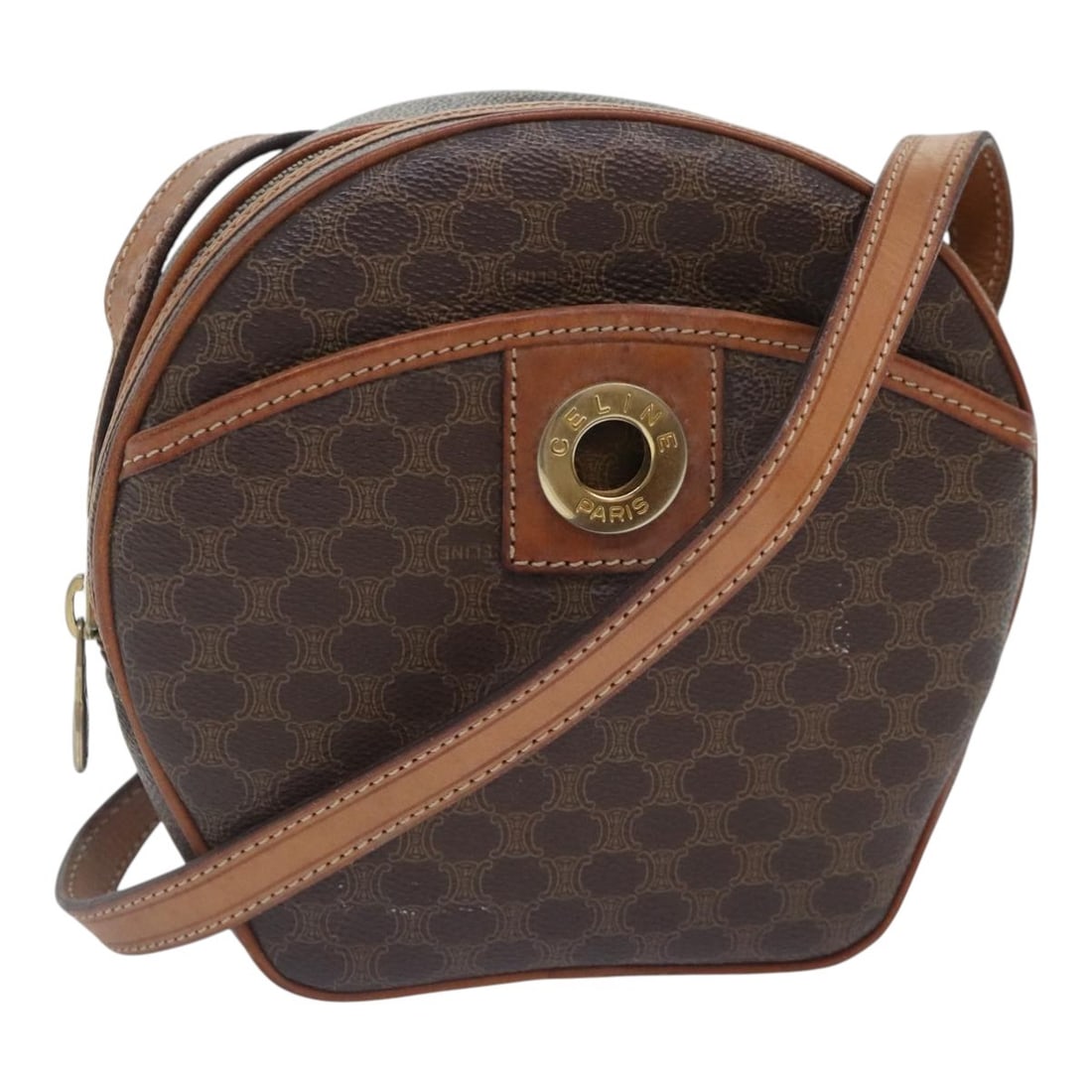 Celine Macadam Brown PVC and Leather Shoulder Bag Gold Accents: Celine Macadam Brown PVC and Leather Shoulder Bag Gold Accents This CELINE Macadam shoulder bag features a classic brown and gold color scheme with PVC leather and Macadam canvas construction. Designe