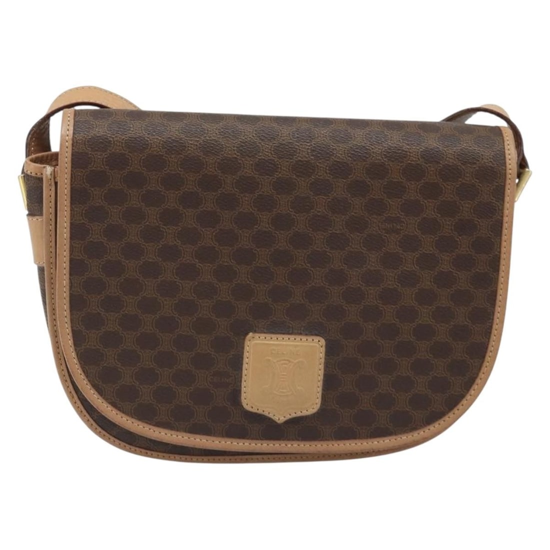 Celine Macadam canvas shoulder bag brown Italy 24cm x 20cm x 8cm: Celine Macadam canvas shoulder bag brown Italy 24cm x 20cm x 8cm This Celine Vintage Macadam Shoulder Bag is crafted from brown canvas with leather accents, featuring the iconic Macadam pattern. Desig