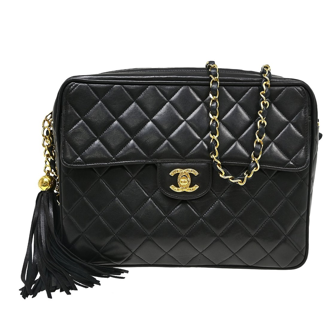 CHANEL Matelasse Black Lambskin Chain Shoulder Bag: CHANEL Matelasse Black Lambskin Chain Shoulder Bag This Chanel black lambskin shoulder bag features a classic matelasse pattern and a single chain shoulder strap. The medium-sized bag has a zip closur