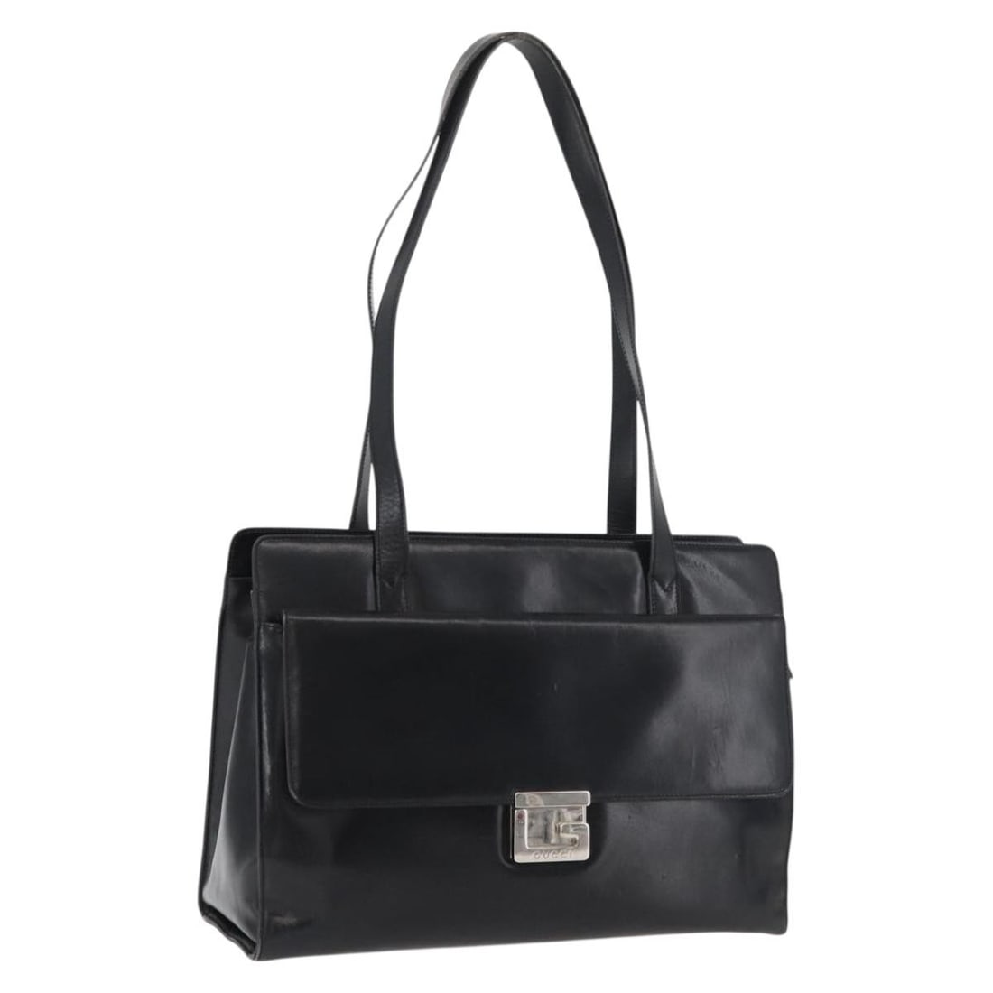 Gucci Black Silver Leather Tote Bag Italy 13 inch: Gucci Black Silver Leather Tote Bag Italy 13 inch This GUCCI tote bag is crafted from black leather with silver-tone accents. Designed for women, it features a spacious interior and a comfortable hand