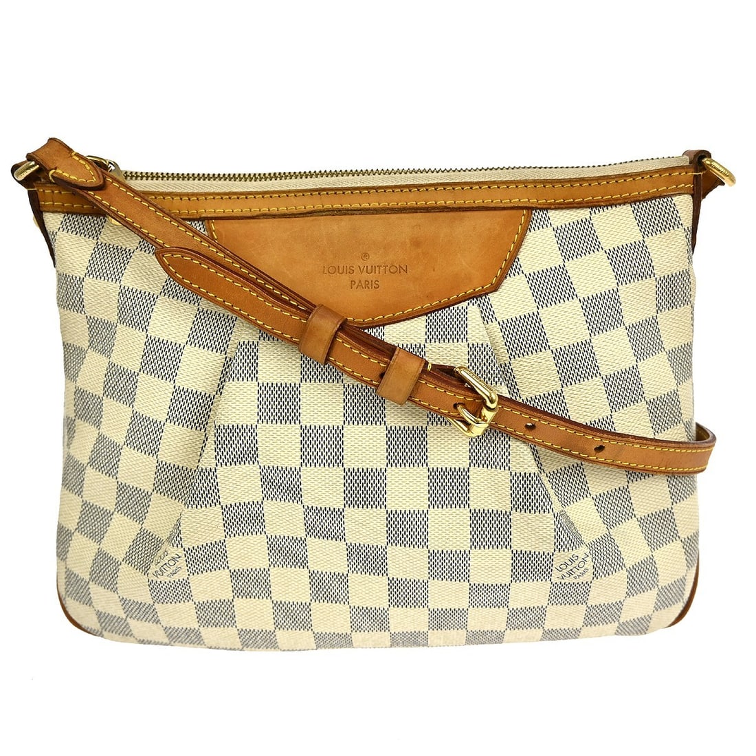 Louis Vuitton Siracusa PM Damier Azur crossbody bag: Louis Vuitton Siracusa PM Damier Azur crossbody bag This Louis Vuitton Damier Azur Siracusa PM bag features the iconic checkered canvas in Azur, complemented by a white canvas lining and leather cross