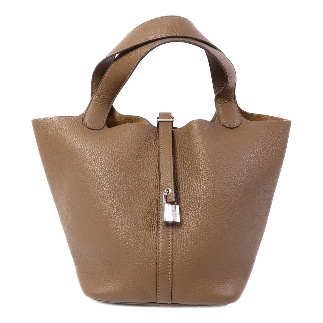 Hermes Picotin MM Bucket Tote Alezan Clemence Leather PHW: Hermes Picotin MM Bucket Tote Alezan Clemence Leather PHW This Hermes Picotin MM is a stylish bucket tote crafted from Clemence calfskin leather in a rich brown color. Designed for women, it features 