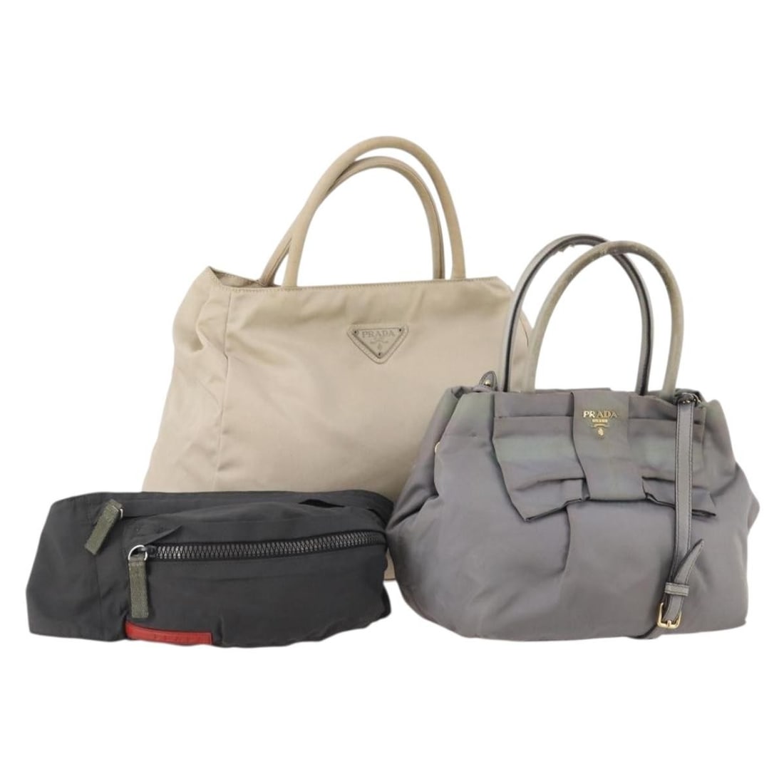 Prada Nylon Hand Bag 3 Piece Set Beige Black Gray 2way: Prada Nylon Hand Bag 3 Piece Set Beige Black Gray 2way This PRADA Sports Line hand bag set includes three nylon bags in beige, black, and gray. Designed for women, these bags feature both hand and sho