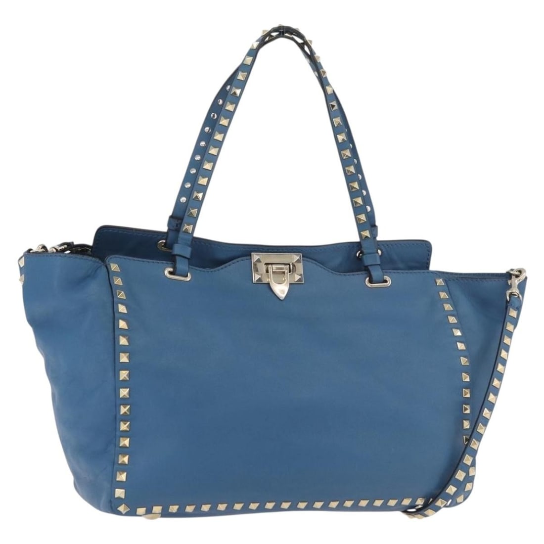 Valentino Blue Gold Leather Rockstud Tote with Shoulder Strap: Valentino Blue Gold Leather Rockstud Tote with Shoulder Strap This Valentino Rock Studs tote bag is crafted from blue leather with gold-tone accents. Designed for versatility, it features both top han