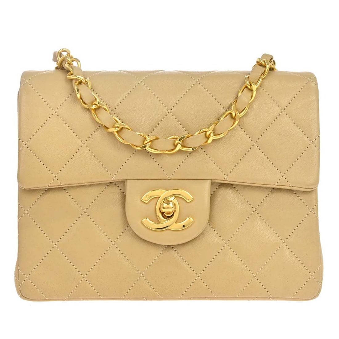 CHANEL Classic Single Flap Beige Lambskin Mini Crossbody Bag: CHANEL Classic Single Flap Beige Lambskin Mini Crossbody Bag This Chanel Mini Classic Square Flap shoulder bag is crafted from beige lambskin leather and features a turn lock closure. Designed in a co