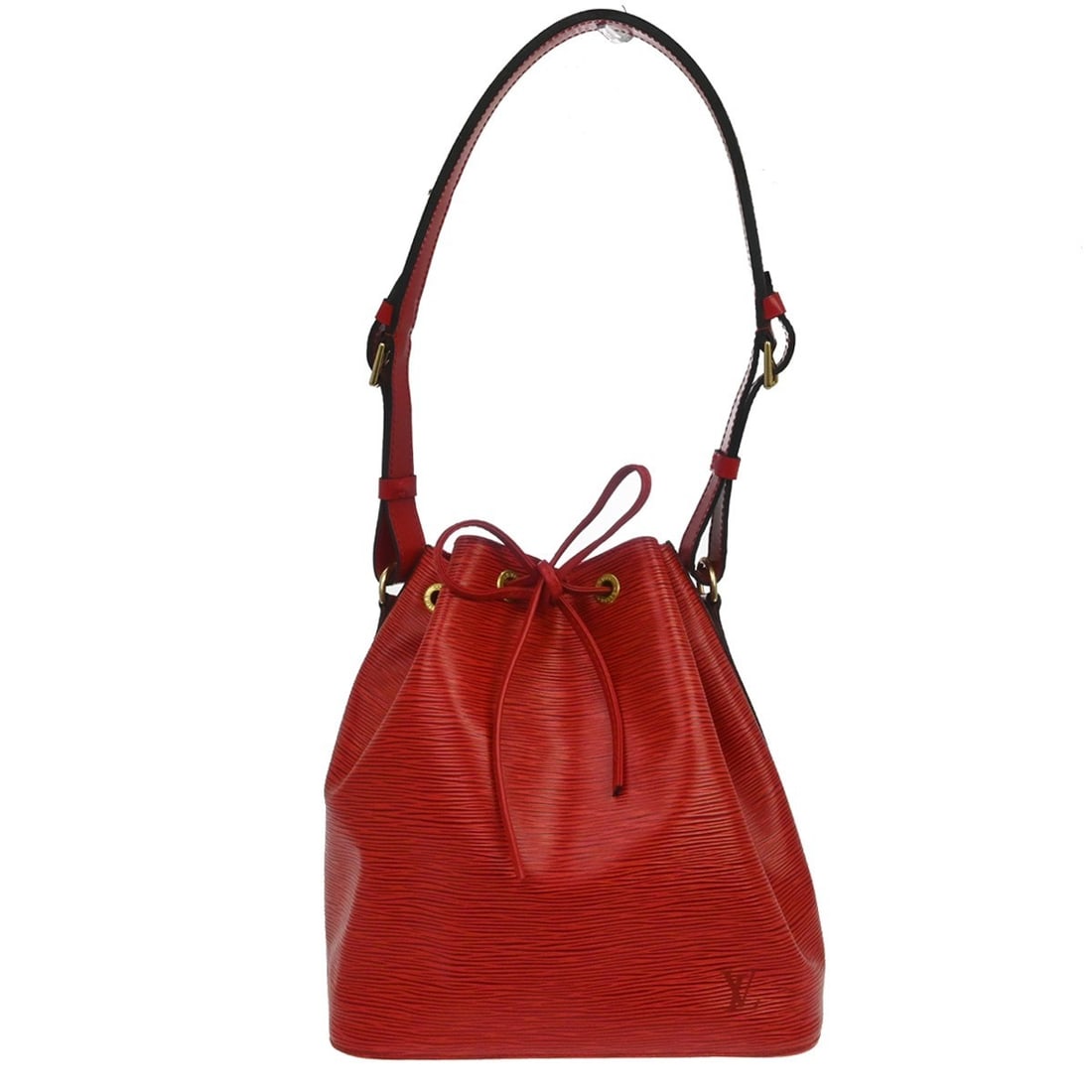 Louis Vuitton Petite Noe red Epi leather shoulder bag: Louis Vuitton Petite Noe red Epi leather shoulder bag This Louis Vuitton Petite Noe shoulder bag features a striking red Epi leather exterior with the signature LV logo accent. Designed with a medium 
