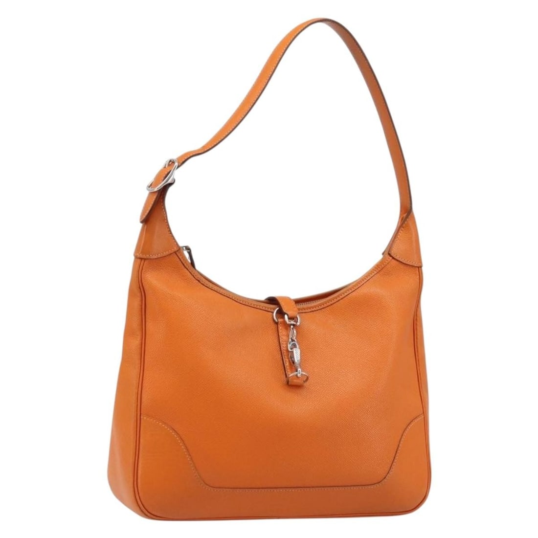 Hermes Trim 31 Orange Leather Shoulder Bag Silver Tone: Hermes Trim 31 Orange Leather Shoulder Bag Silver Tone This Hermes Trim 31 shoulder bag features an orange leather exterior with silver-tone accents. The bag has been customized with repainting, and t