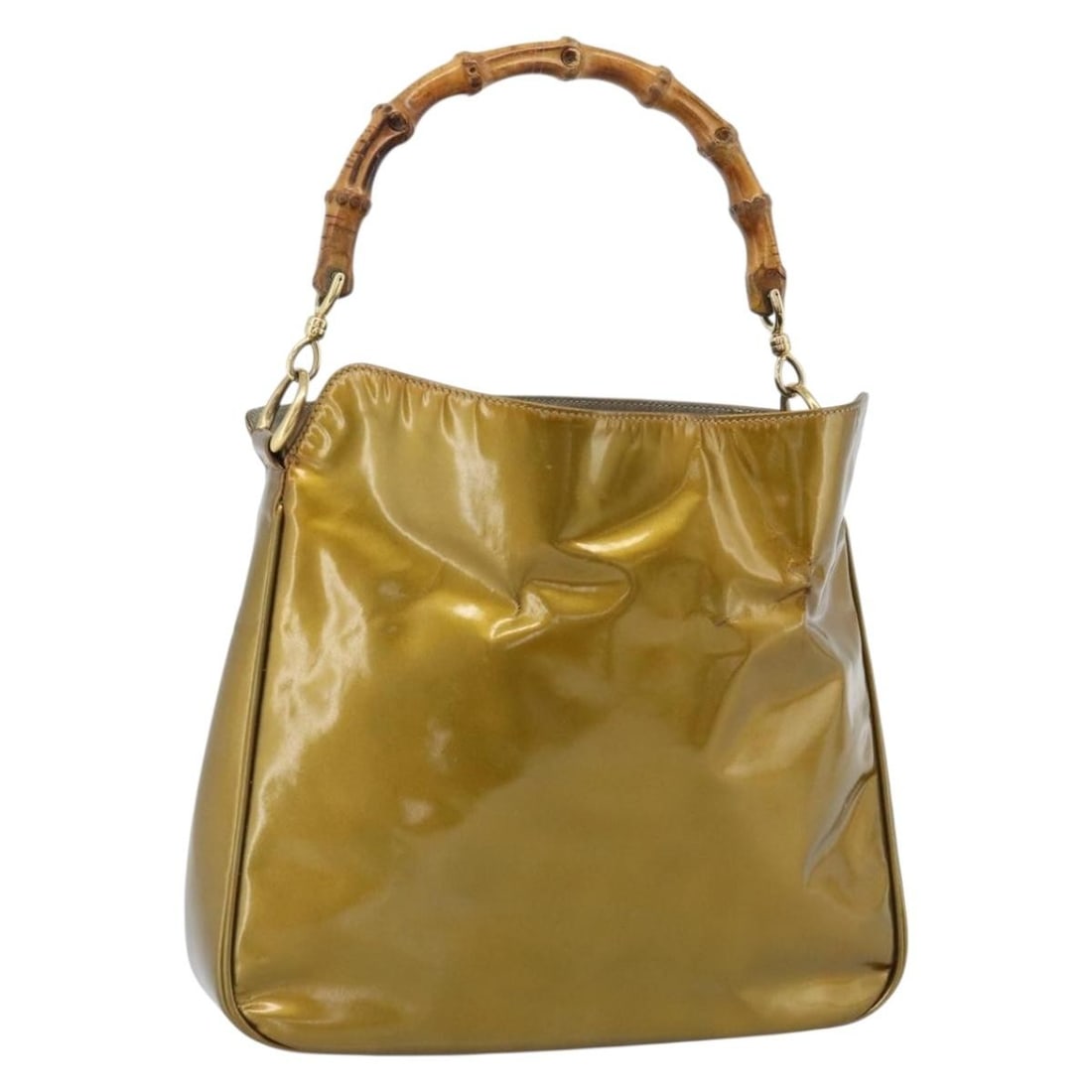Gucci Bamboo Patent Leather Gold Handbag Italy: Gucci Bamboo Patent Leather Gold Handbag Italy This Gucci Bamboo handbag is crafted from gold patent leather and features a distinctive bamboo handle. Designed for women, it offers a structured silhou