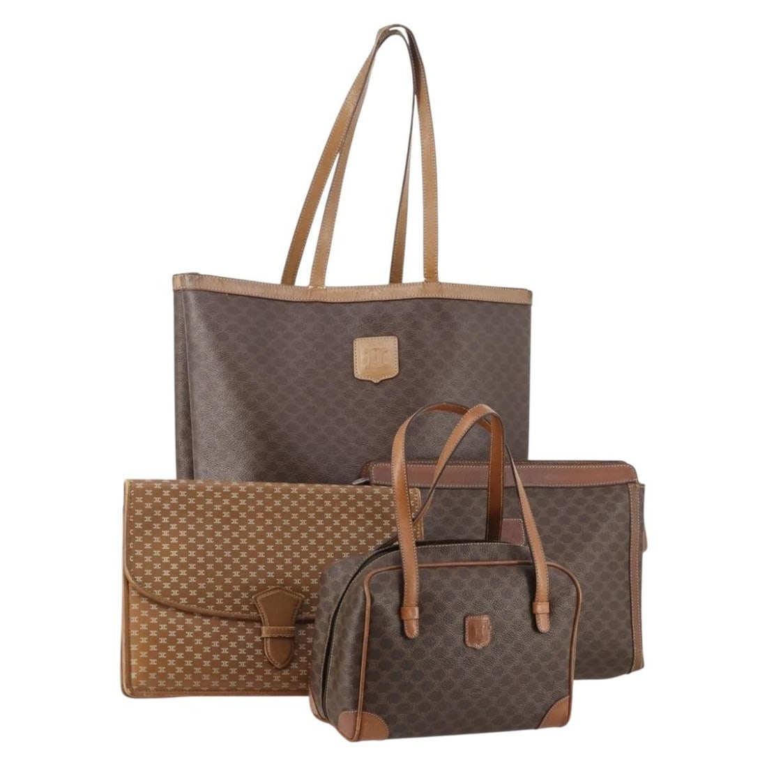 CELINE Macadam Canvas Brown Beige Clutch Bag 4 Piece Set: CELINE Macadam Canvas Brown Beige Clutch Bag 4 Piece Set This is a set of four CELINE clutch bags crafted from brown and beige Macadam canvas with PVC leather accents. Designed for women, each clutch 