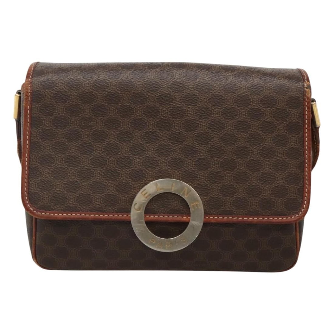 Celine Macadam Brown Canvas and Leather Vintage Shoulder Bag 21cm: Celine Macadam Brown Canvas and Leather Vintage Shoulder Bag 21cm This Celine Vintage Macadam Shoulder Bag is crafted from brown canvas with leather accents. Designed for women, it features the iconic