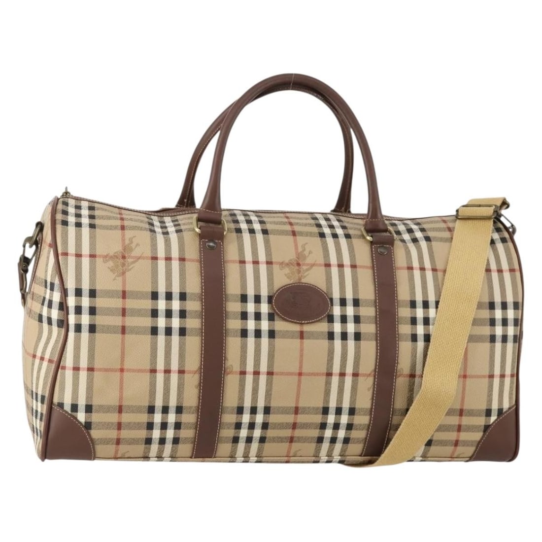 Burberrys Nova Check Beige PVC Boston Bag with Shoulder Strap: Burberrys Nova Check Beige PVC Boston Bag with Shoulder Strap This Burberrys Boston bag features the signature Nova Check pattern in beige and gold tones. Crafted from PVC leather, it is designed with