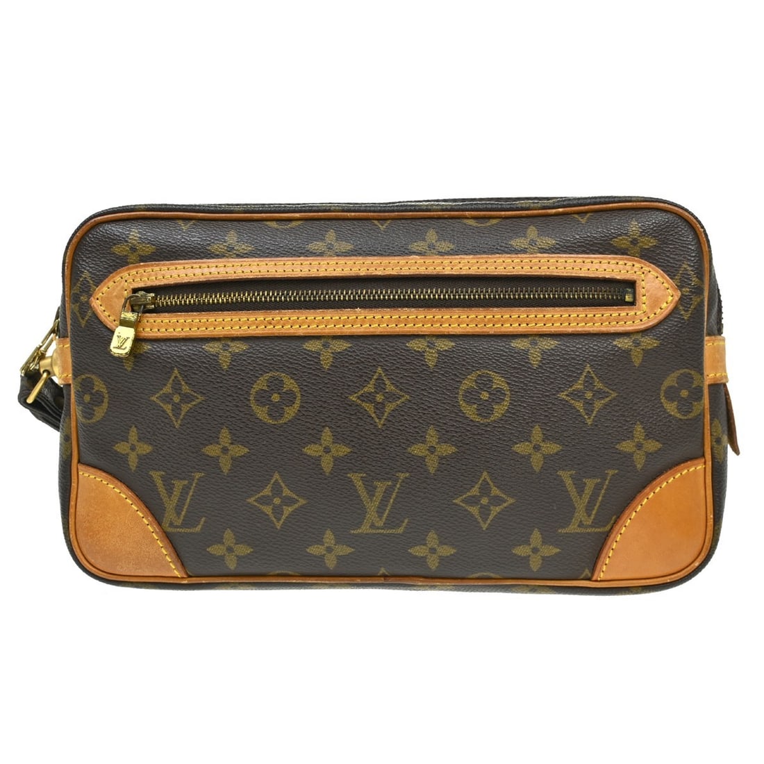 Louis Vuitton Marly Dragonne GM Monogram Leather Clutch Bag: Louis Vuitton Marly Dragonne GM Monogram Leather Clutch Bag This Louis Vuitton Marly Dragonne GM clutch bag features the iconic monogram pattern on brown leather, complemented by a matching brown stra