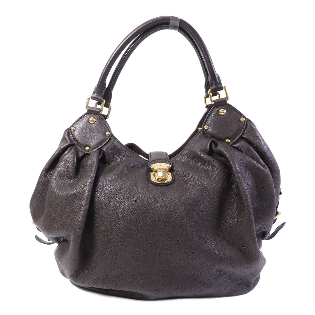 Mahina L Calfskin Handbag with Gold Hardware by Louis Vuitton Brown: Mahina L Calfskin Handbag with Gold Hardware by Louis Vuitton Brown This Louis Vuitton Mahina L handbag features the signature Monogram Mahina design in brown calfskin leather. It includes gold-tone h