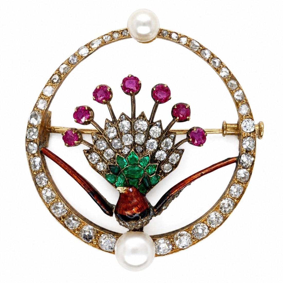 Victorian 18K Gold Pearl Brooch with Diamonds Rubies and Emeralds: Victorian 18K Gold Pearl Brooch with Diamonds Rubies and Emeralds This Victorian brooch is crafted from 18K yellow gold and features an elegant combination of diamonds, Burma rubies, emeralds, and nat
