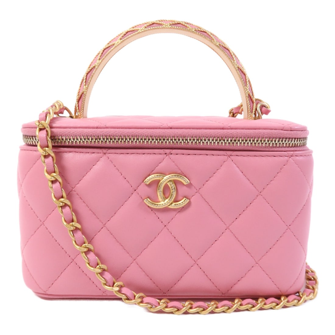 Chanel Pink Lambskin Vanity Bag with Gold Hardware and Top Handle: Chanel Pink Lambskin Vanity Bag with Gold Hardware and Top Handle This CHANEL vanity case features the signature CC design and gold-tone hardware, crafted from luxurious pink lambskin leather. The bag