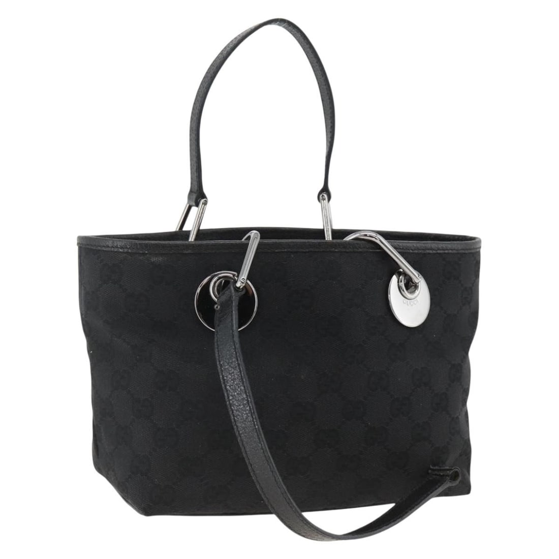 Gucci GG Canvas Black Silver Handbag 120844 Italy: Gucci GG Canvas Black Silver Handbag 120844 Italy This GUCCI GG Canvas hand bag features a black and silver color scheme and is crafted from the brand's signature GG canvas material. Designed for wome