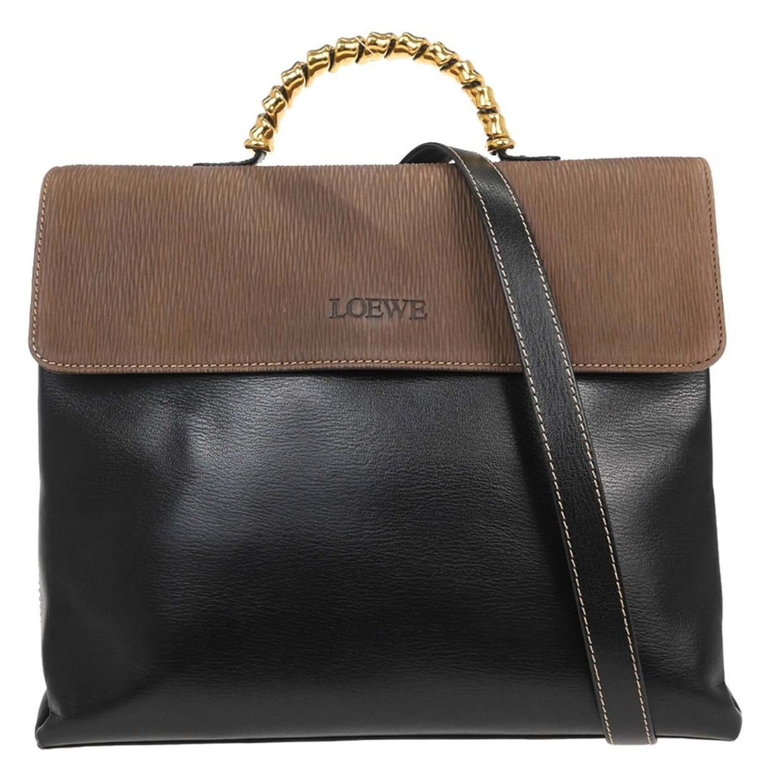 Loewe Belasquez black leather top handle bag: Loewe Belasquez black leather top handle bag This Loewe Velasquez 2way handbag is crafted from black leather and features a medium-sized top handle design. The bag is equipped with a magnetic closure 