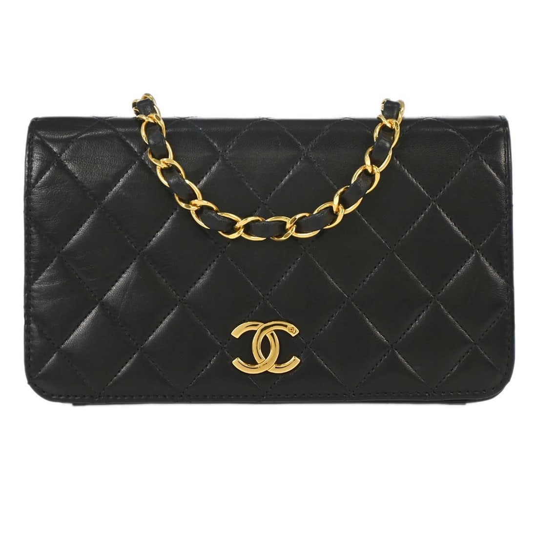 Chanel Matelasse Black Lambskin Full Flap Crossbody Bag: Chanel Matelasse Black Lambskin Full Flap Crossbody Bag This Chanel Mini Full Flap Shoulder Bag features luxurious black lambskin leather with a classic quilted matelasse pattern. The bag is designed 