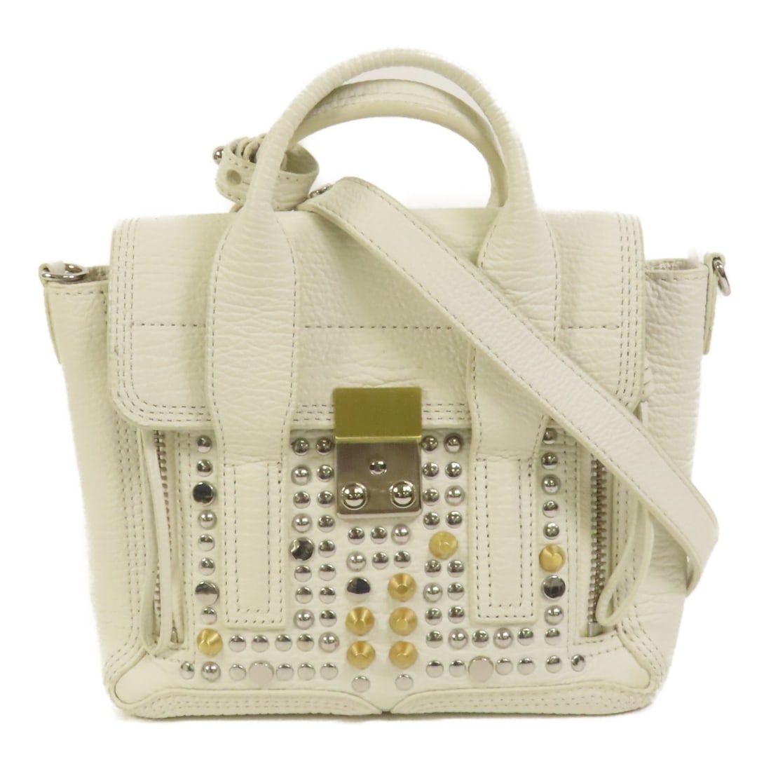 Mini Pashli White Calfskin Convertible Shoulder Bag with Silver Hardware: Mini Pashli White Calfskin Convertible Shoulder Bag with Silver Hardware This 3.1 Phillip Lim Mini Pashli 2-way shoulder bag is crafted from white calfskin leather. The versatile design allows it to b