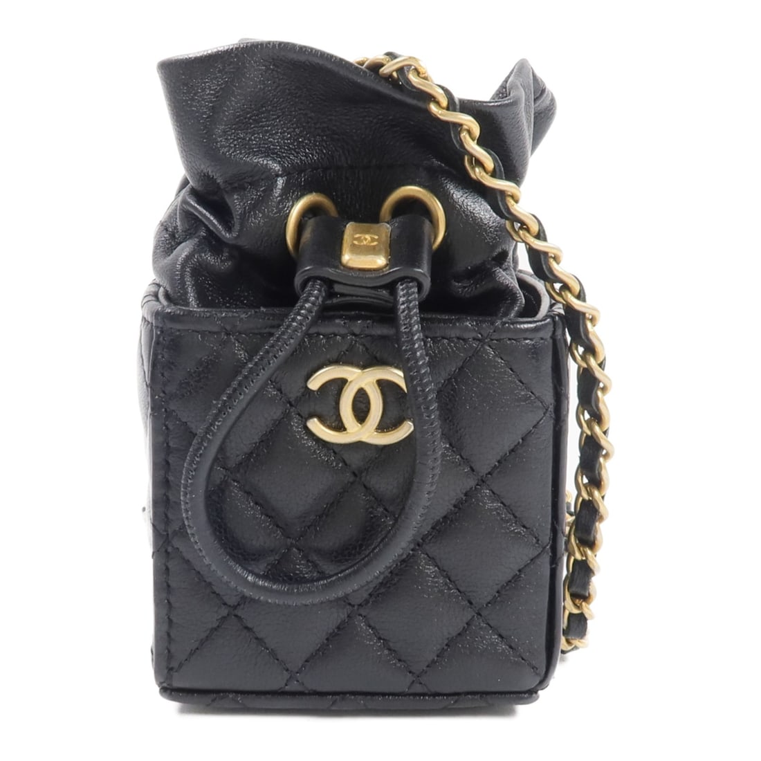 CHANEL Mini Black Calfskin Bucket Shoulder Bag GHW CC: CHANEL Mini Black Calfskin Bucket Shoulder Bag GHW CC This CHANEL mini drawstring bucket bag features a classic CC design with gold-tone hardware and a chain shoulder strap. Crafted from black calfski