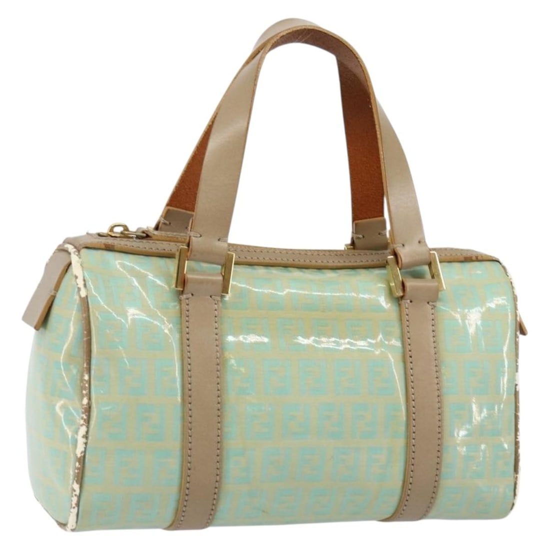 FENDI Zucchino canvas gold light green handbag Italy 9.8 inch: FENDI Zucchino canvas gold light green handbag Italy 9.8 inch This FENDI Zucchino Canvas handbag features a gold and light green exterior with the iconic Zucchino pattern. Crafted in Italy, it is desi