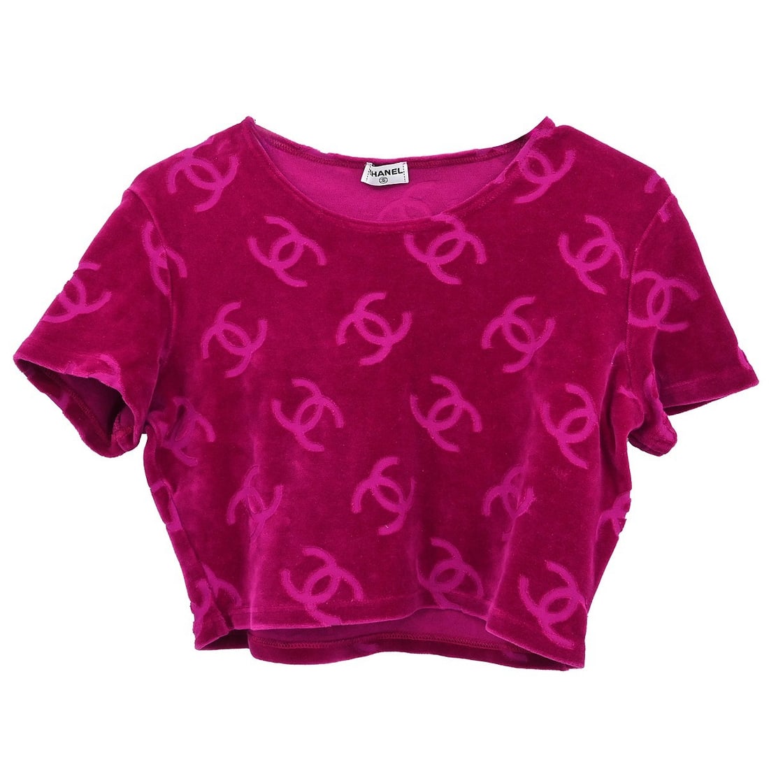 Chanel Vintage Pink Short Sleeve T-Shirt Size 42: Chanel Vintage Pink Short Sleeve T-Shirt Size 42 Elevate your casual wardrobe with this vintage Chanel short sleeve top in a lovely pink hue. Featuring a round neckline and crafted from a comfortable 