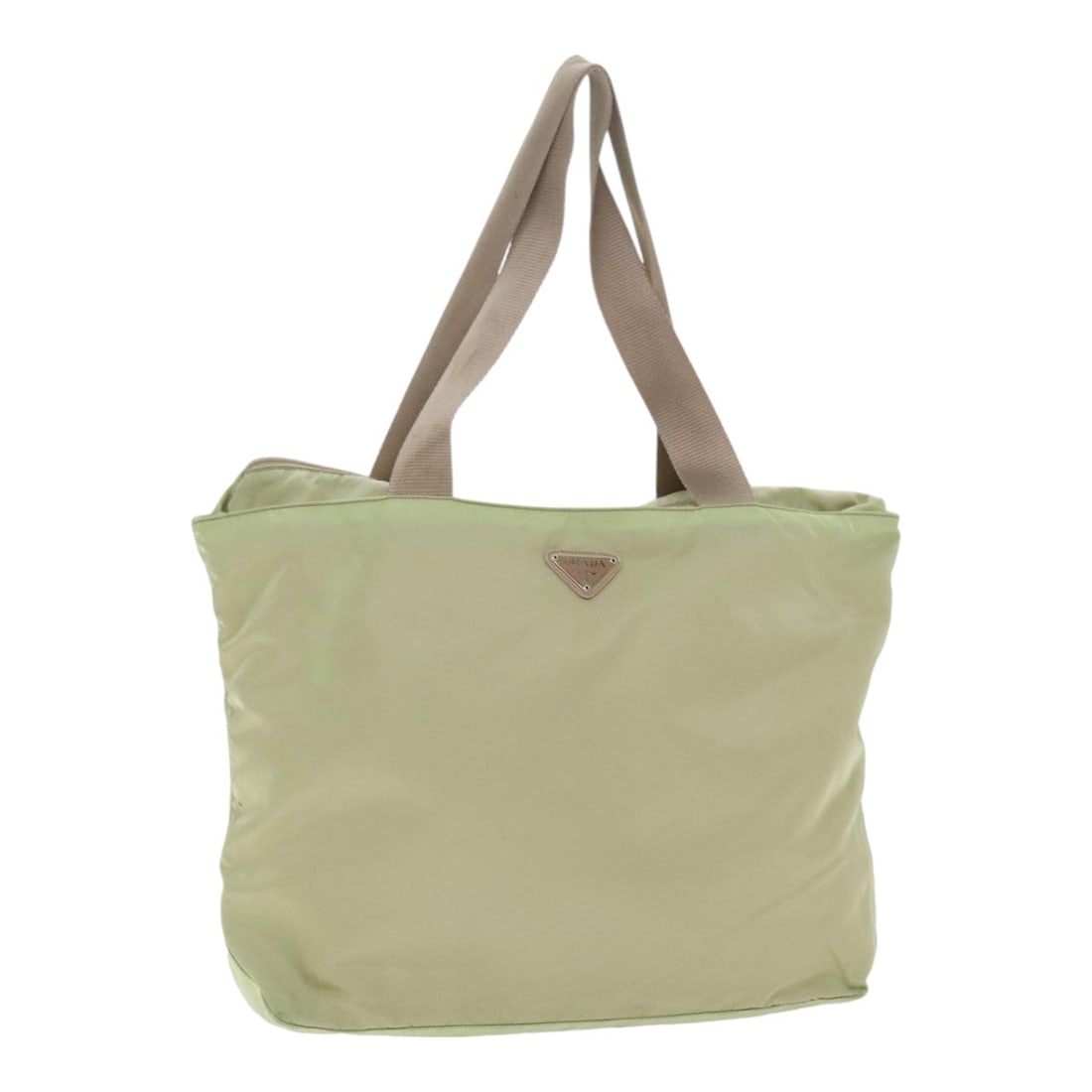 Prada beige silver nylon tote with guarantee card: Prada beige silver nylon tote with guarantee card This PRADA tote bag is crafted from beige nylon with silver-tone accents. Designed for women, it features a spacious interior and a comfortable handle