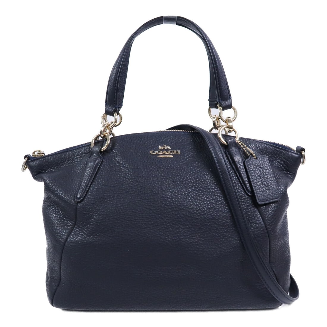 Coach F36675 Navy Calfskin 2 Way Shoulder Bag GHW: Coach F36675 Navy Calfskin 2 Way Shoulder Bag GHW This COACH 2-way shoulder bag features a sophisticated navy blue calfskin leather exterior and gold-tone hardware. Designed for versatility, it can be