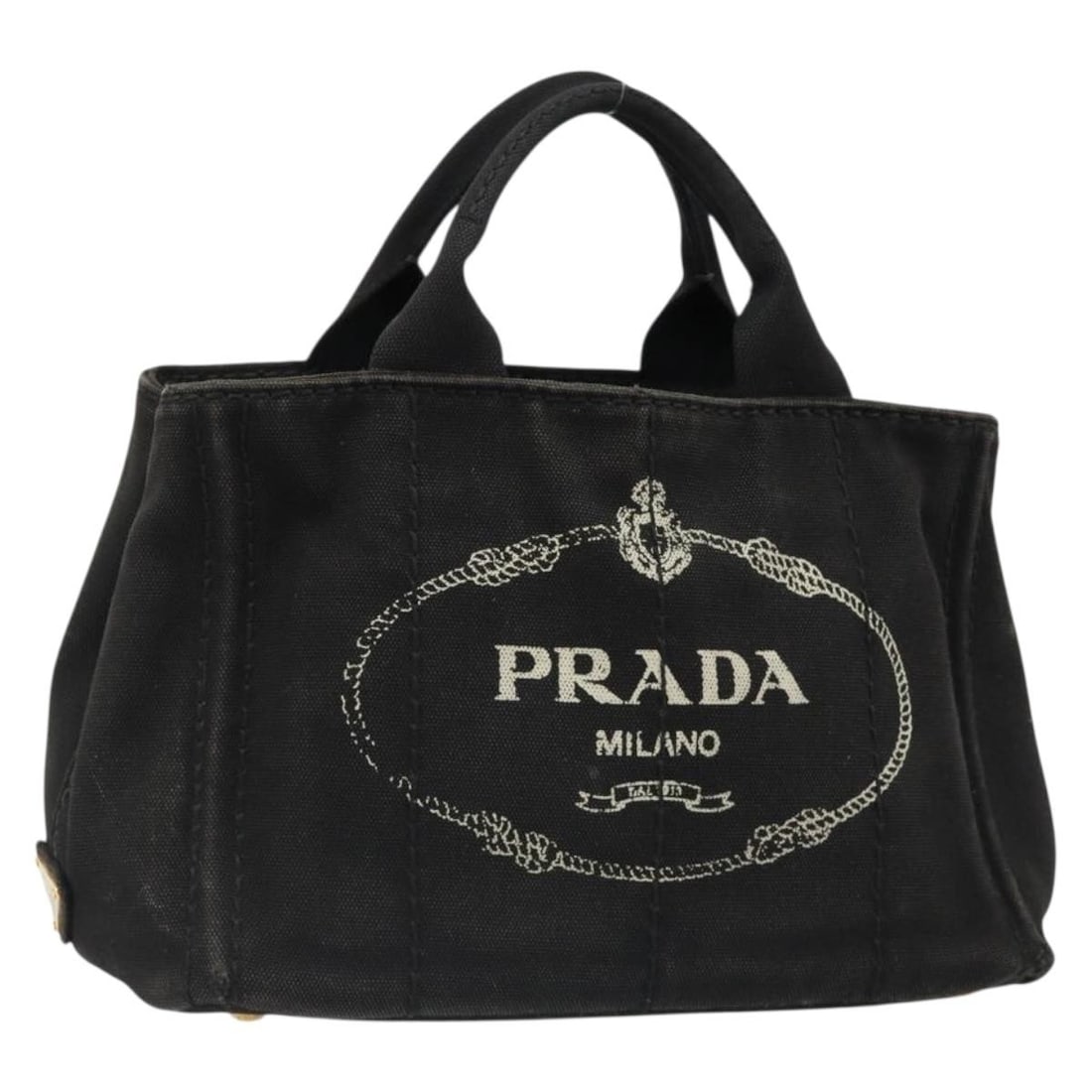 Prada Canapa PM black gold canvas handbag: Prada Canapa PM black gold canvas handbag This PRADA Canapa PM handbag is crafted from black and gold canvas and features a compact, structured silhouette. Designed for women, it was made in Turkey an