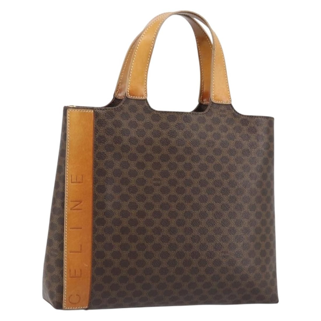 Celine Macadam Brown PVC Leather Handbag with Gold Details: Celine Macadam Brown PVC Leather Handbag with Gold Details This is a CELINE Macadam canvas hand bag featuring brown and gold tones, crafted from PVC leather and Macadam canvas. Designed for women, the