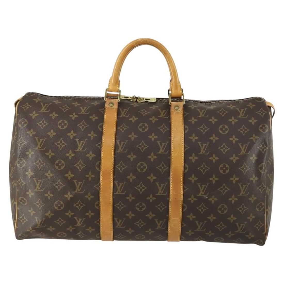 Keepall Travel Duffel in Brown Monogram Canvas by Louis Vuitton: Keepall Travel Duffel in Brown Monogram Canvas by Louis Vuitton This Louis Vuitton Keepall bag features the signature monogram canvas in brown and is designed for unisex use. The exterior shows signs 
