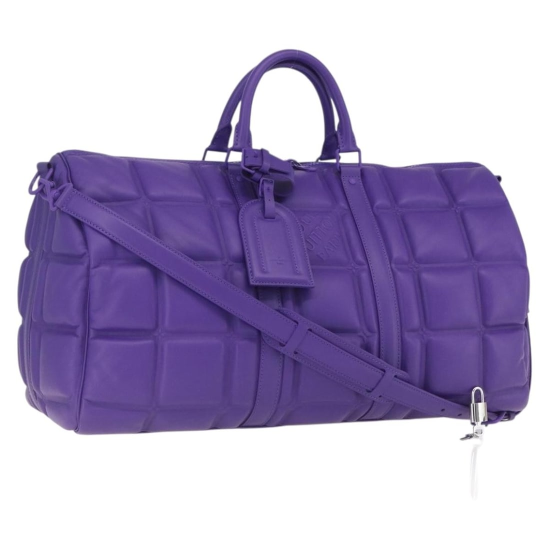 Louis Vuitton Keepall Bandouliere 50 Puffy Damier Purple Leather Boston Bag M20922: Louis Vuitton Keepall Bandouliere 50 Puffy Damier Purple Leather Boston Bag M20922 This Louis Vuitton Puffy Damier Keepall Bandouliere 50 is a Boston-style travel bag crafted from purple leather. It f