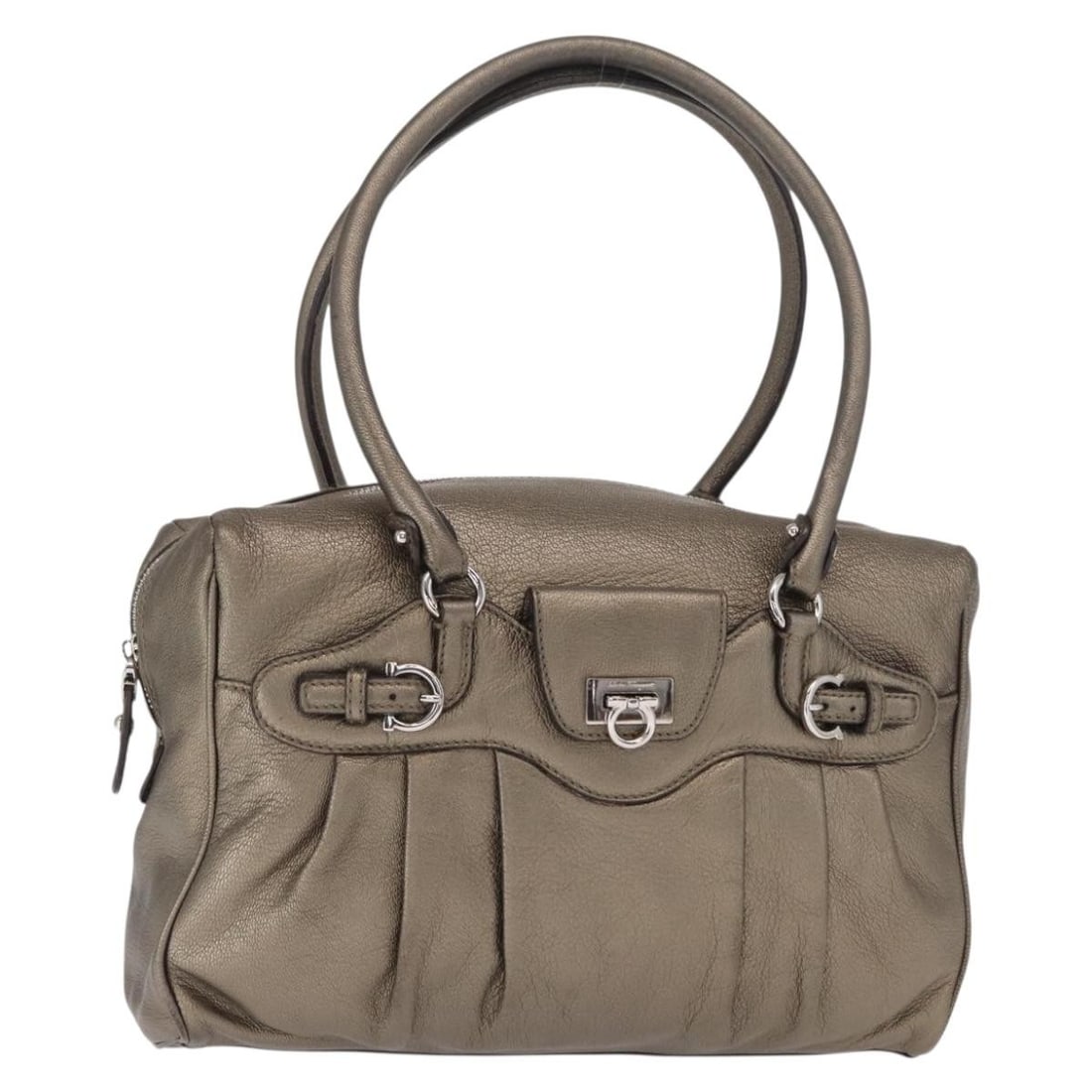 Gancini Leather Handbag by Salvatore Ferragamo Gold and Silver Tones: Gancini Leather Handbag by Salvatore Ferragamo Gold and Silver Tones This is a Salvatore Ferragamo Gancini handbag crafted from leather with a gold and silver color scheme. Made in Italy, the bag feat