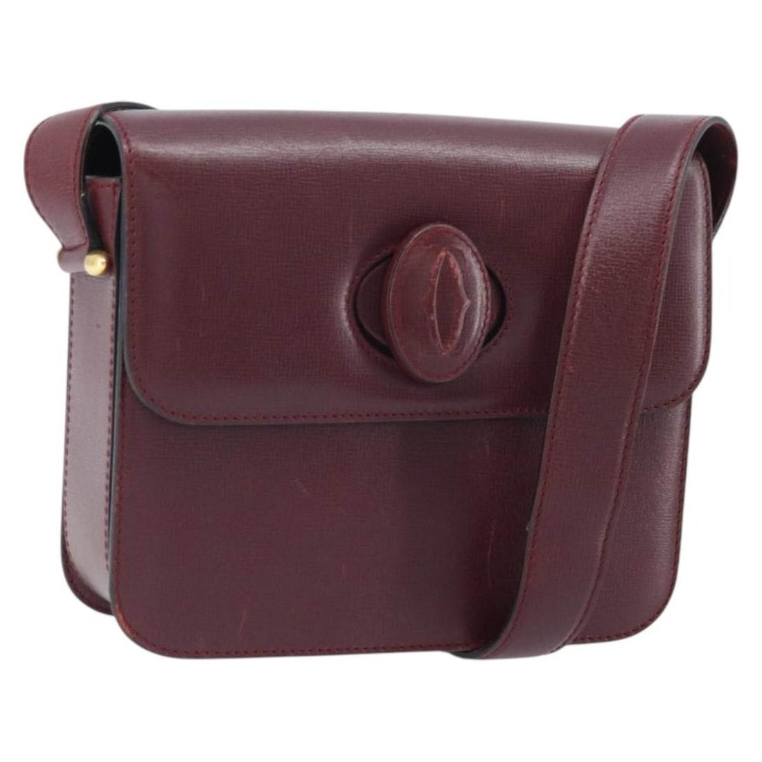 Cartier Must Line Bordeaux Leather Shoulder Bag Gold Tone Italy: Cartier Must Line Bordeaux Leather Shoulder Bag Gold Tone Italy This Cartier Must Line shoulder bag is crafted from Bordeaux leather with gold-tone accents, offering a classic and elegant look. Design