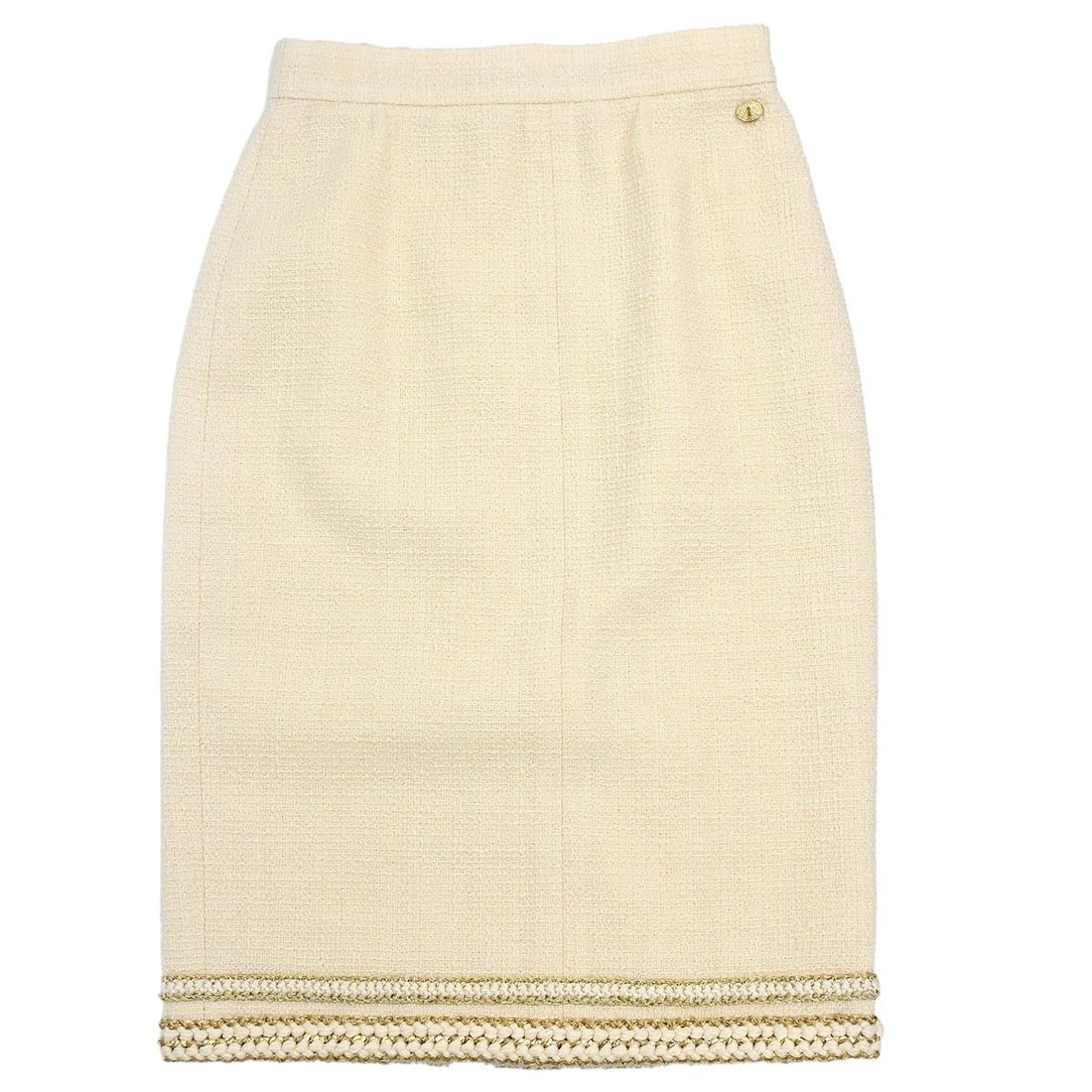 CHANEL off-white wool midi skirt FR 38 tweed logo: CHANEL off-white wool midi skirt FR 38 tweed logo This vintage Chanel tweed skirt is crafted from 100% wool in an elegant off-white color. Designed in a midi length, it features the iconic Chanel logo