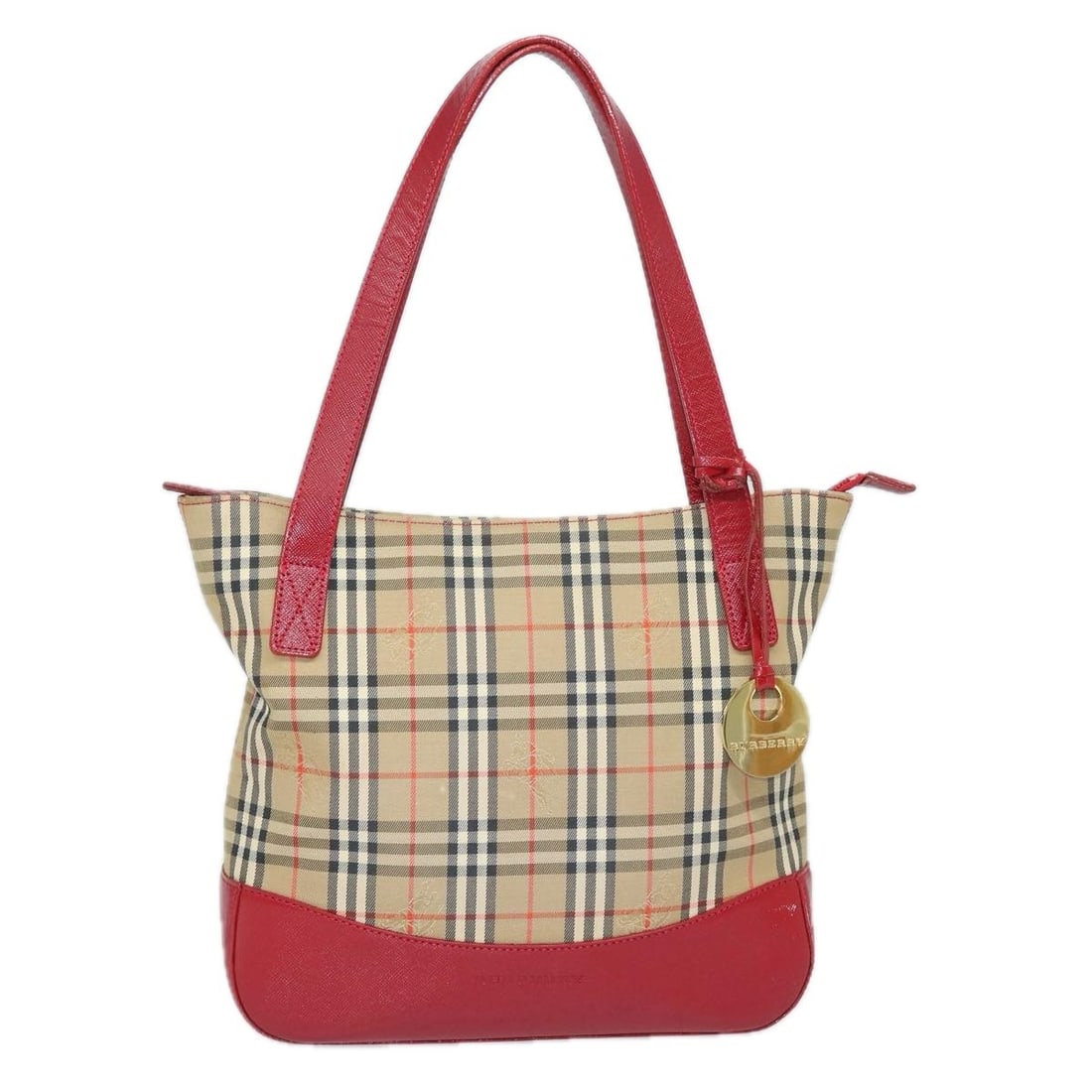 Beige Canvas Nova Check Tote by Burberry with Leather Trim: Beige Canvas Nova Check Tote by Burberry with Leather Trim This Burberry Nova Check Tote features a classic beige canvas exterior with leather accents, designed for women. The bag shows signs of use, 