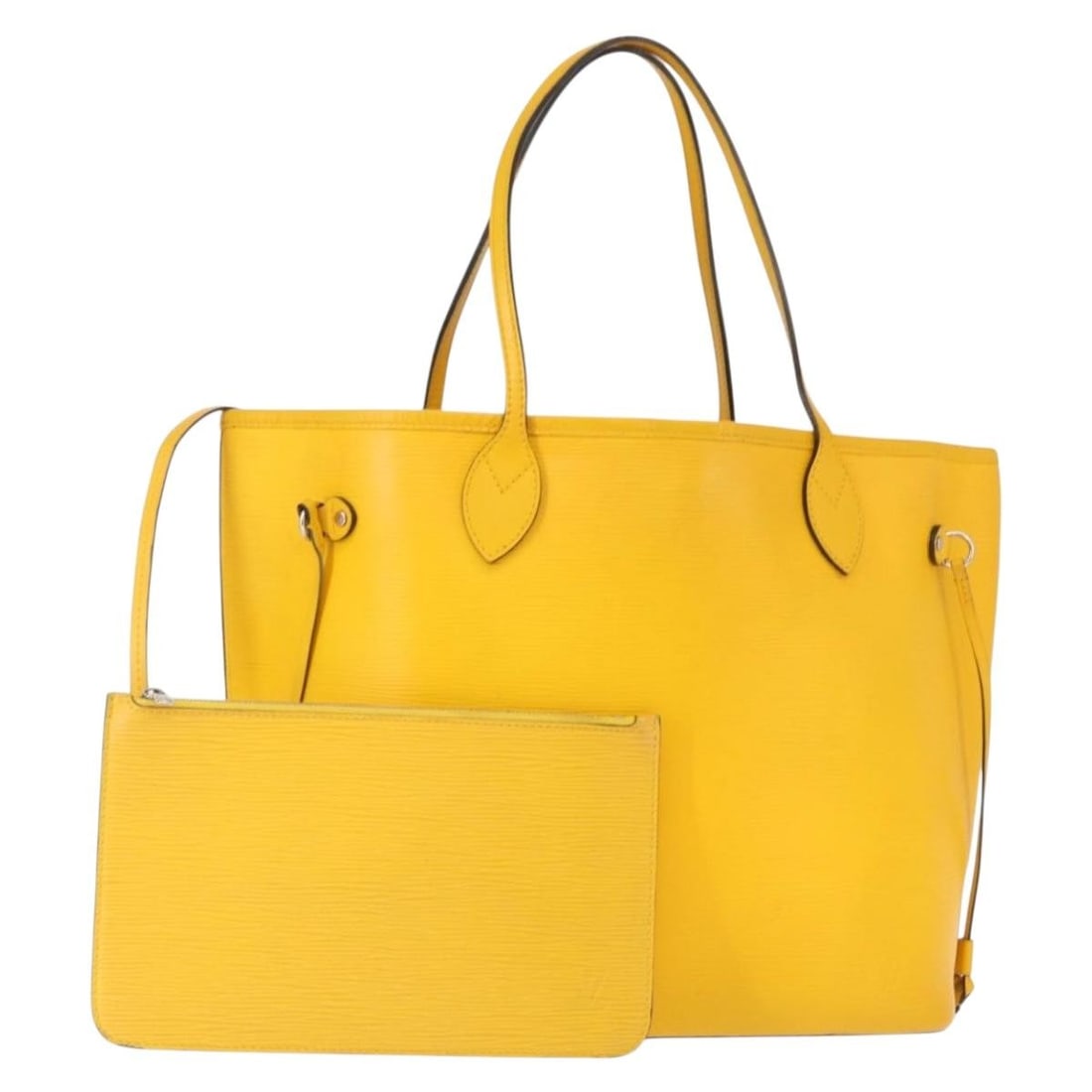 Louis Vuitton Neverfull MM Epi Leather Tote with Pouch M40956: Louis Vuitton Neverfull MM Epi Leather Tote with Pouch M40956 This Louis Vuitton Neverfull MM tote bag features the brand's signature Epi leather in a striking yellow and pistachian color. The bag has
