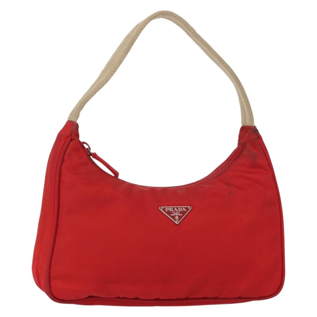 Prada red nylon women s handbag Italy 9.1 x 5.1 x 2.4 inch: Prada red nylon women s handbag Italy 9.1 x 5.1 x 2.4 inch This PRADA women's handbag is crafted from red nylon and made in Italy. The bag features a compact design with a handle drop for easy carryin