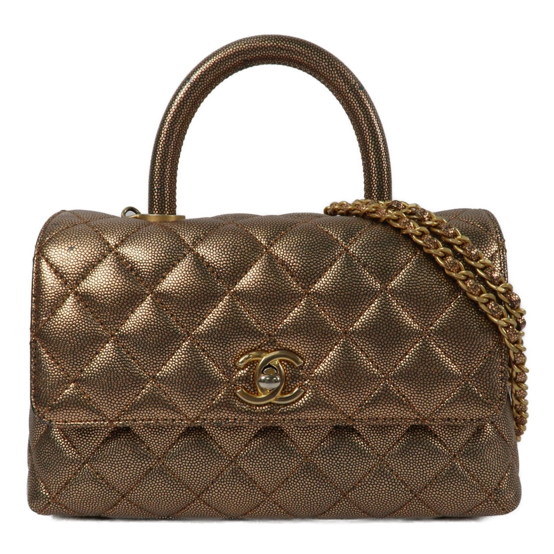 Chanel Coco Handle Small Calfskin Gold Hardware Two Way Chain Shoulder Bag: Chanel Coco Handle Small Calfskin Gold Hardware Two Way Chain Shoulder Bag This CHANEL Coco Handle Small 2 Way Chain Shoulder Bag is crafted from calfskin leather in a gold tone. Designed for versatil