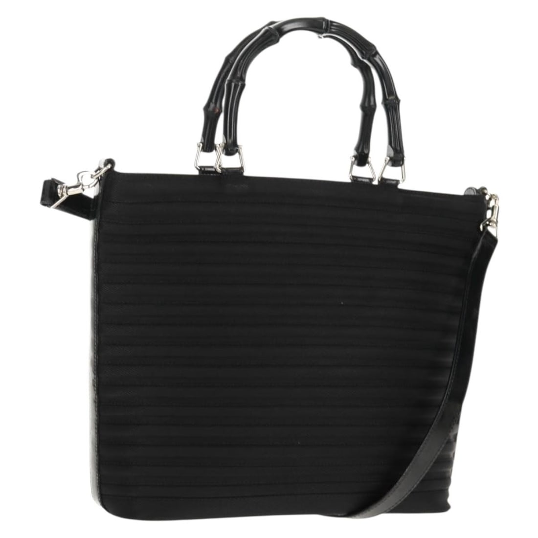 Gucci Bamboo nylon black silver handbag with shoulder strap: Gucci Bamboo nylon black silver handbag with shoulder strap This Gucci Bamboo Hand Bag is crafted from black nylon with silver-tone accents and features a 2-way design for versatile carrying. The bag 