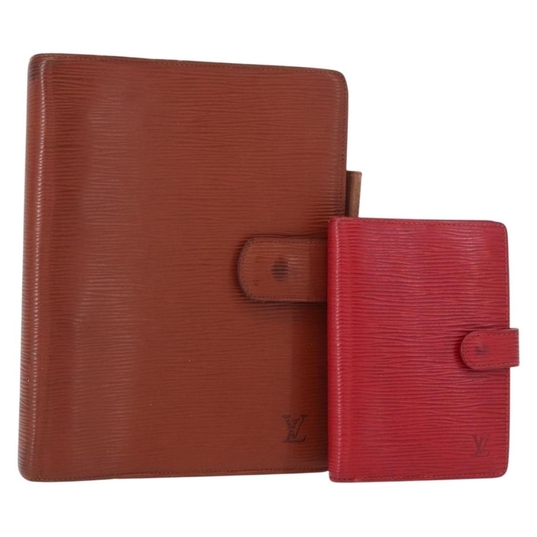 LOUIS VUITTON Epi Leather Day Planner Cover Set Red Brown Auth 151146: LOUIS VUITTON Epi Leather Day Planner Cover Set Red Brown Auth 151146 This Louis Vuitton Epi Agenda Day Planner Cover is a stylish accessory crafted in Spain from durable Epi leather, featuring a stri