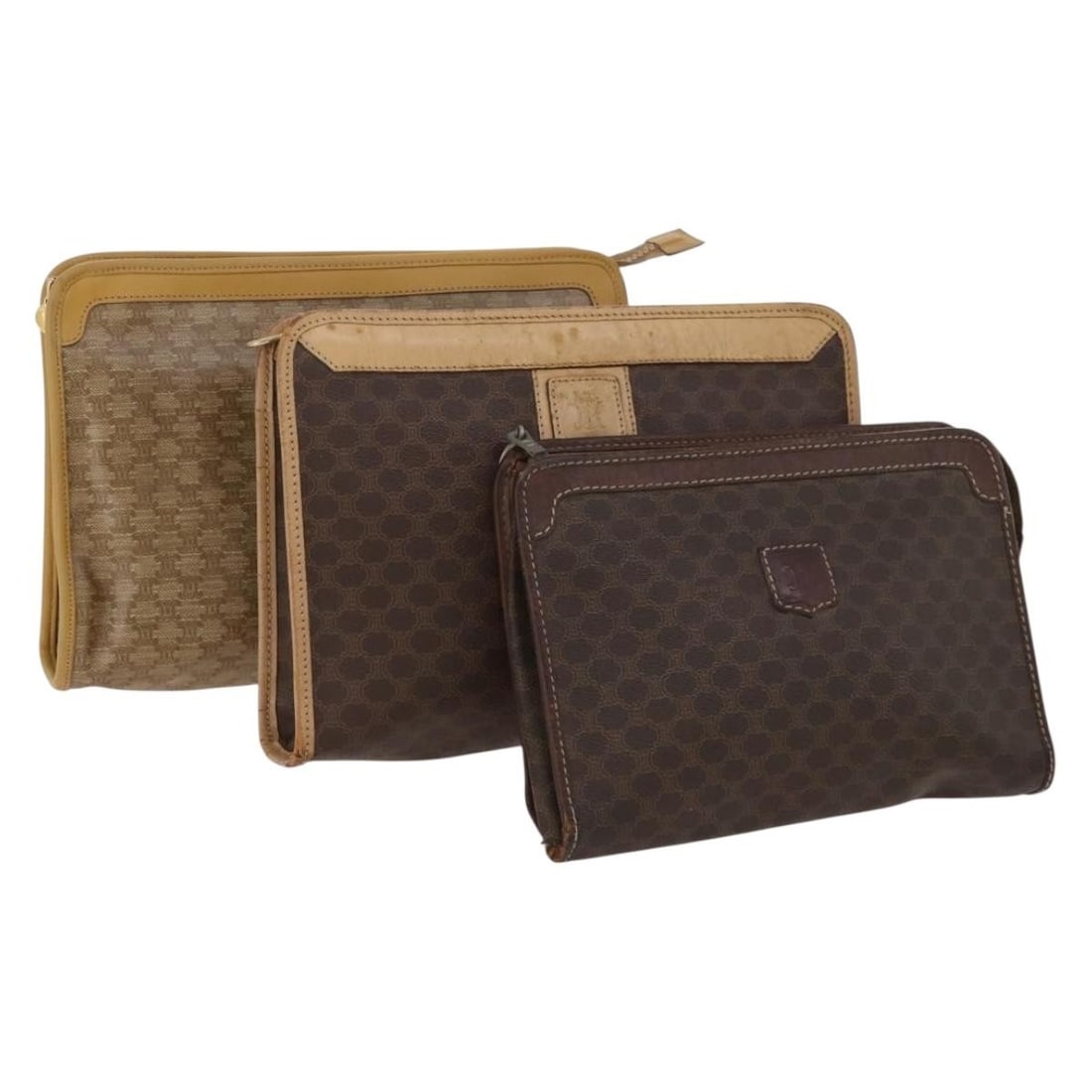 Set of 3 Celine Macadam Brown Beige PVC Leather Clutch Bags: Set of 3 Celine Macadam Brown Beige PVC Leather Clutch Bags This is a Celine Macadam set of three clutch bags crafted from brown and beige PVC leather and Macadam canvas. Designed for women, these bag