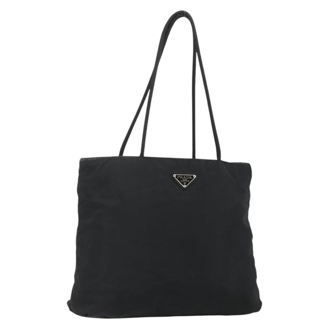 Prada black nylon tote bag silver accents Italy: Prada black nylon tote bag silver accents Italy This PRADA tote bag is crafted from black nylon with silver-tone accents. Made in Italy, it features a spacious interior and practical design, ideal for