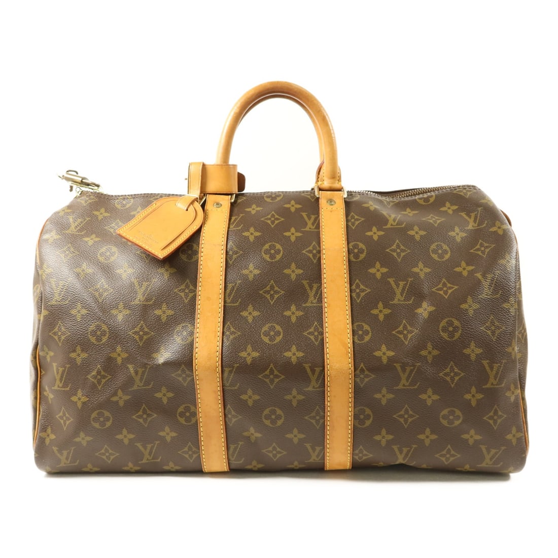 Louis Vuitton Monogram Keepall 45 Boston Bag with Gold Hardware: Louis Vuitton Monogram Keepall 45 Boston Bag with Gold Hardware This Louis Vuitton Keepall 45 Boston bag features a classic monogram design in brown PVC coated canvas. Designed as a unisex travel hand