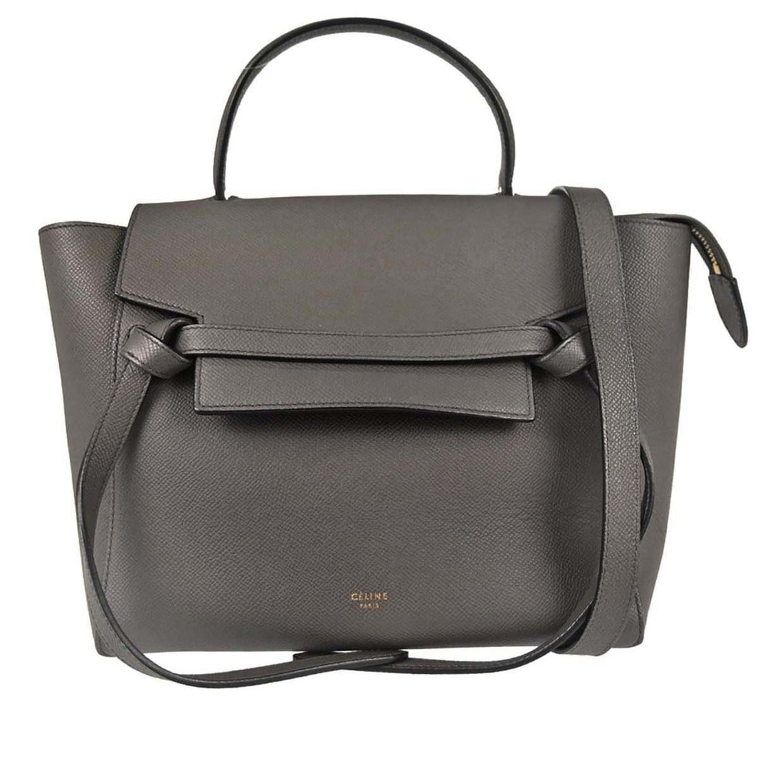 CELINE Gray Leather Micro Belt Bag Top Handle Handbag: CELINE Gray Leather Micro Belt Bag Top Handle Handbag This Celine Belt Bag Micro is a stylish 2-way handbag crafted from gray leather. Featuring a top handle and a zippered closure, it offers versatil
