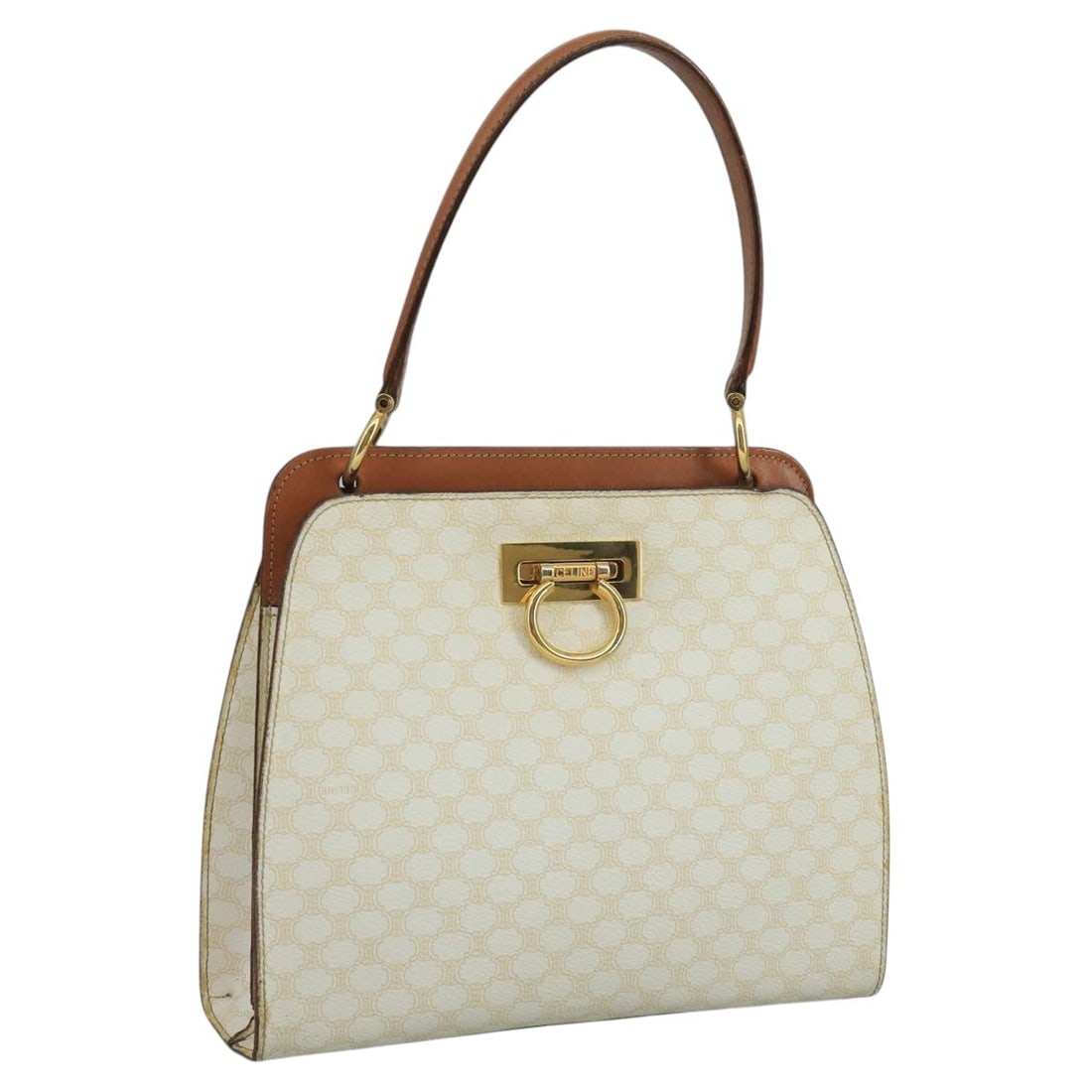 Celine Macadam White and Gold PVC Leather Handbag from Italy: Celine Macadam White and Gold PVC Leather Handbag from Italy This CELINE Macadam Canvas hand bag features a white and gold color scheme with PVC leather and canvas materials. Designed for women, it is