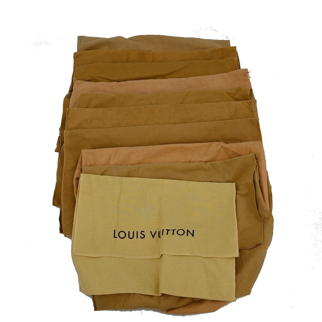 Set of 10 Louis Vuitton Cotton Dust Bags in Brown Beige: Set of 10 Louis Vuitton Cotton Dust Bags in Brown Beige This is a set of 10 authentic Louis Vuitton dust bags made from 100% cotton in brown and beige. Suitable for unisex use, these dust bags are des