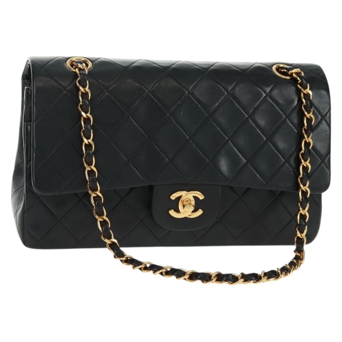 Chanel Black Lambskin Matelasse Double Flap Shoulder Bag with Gold Chain: Chanel Black Lambskin Matelasse Double Flap Shoulder Bag with Gold Chain This CHANEL Matelasse 25 Double Flap Chain Bag is crafted from luxurious black lambskin leather and features gold-tone CC hardw