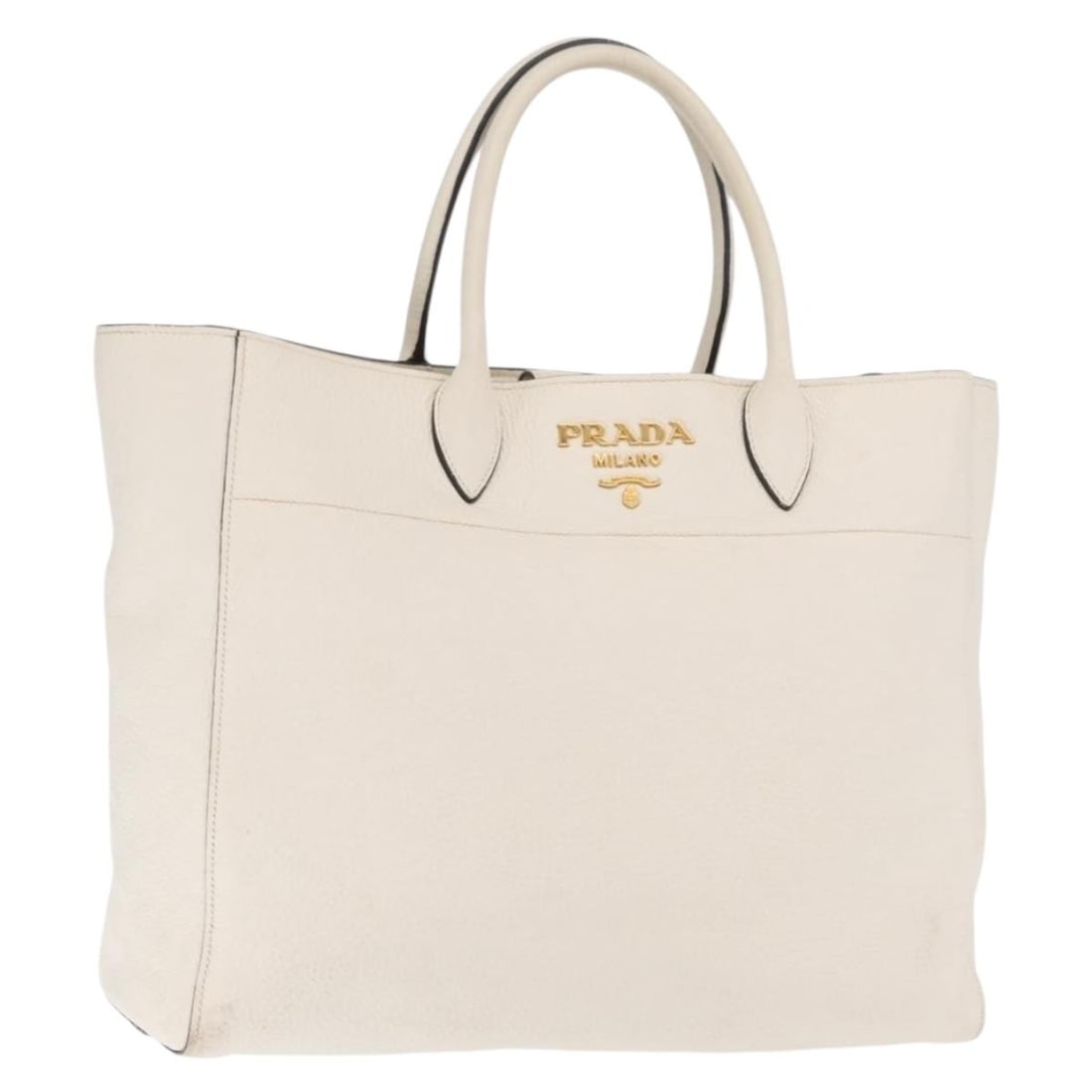 Prada White and Gold Leather Women's Handbag Made in Romania: Prada White and Gold Leather Women's Handbag Made in Romania This Prada handbag features a white and gold leather exterior and is designed for women. The bag is made in Romania and includes a top hand